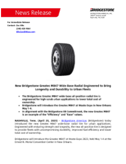 New Bridgestone Greatec M847 Wide Base Radial Engineered to Bring Longevity and Durability to Urban Fleets Press Release