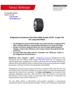 Bridgestone Introduces New Ultra-Wide Greatec M703™ Ecopia Tire for Long-Haul Fleets Press Release