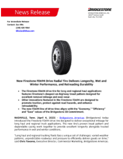 New Firestone FD694 Drive Radial Tire Delivers Longevity, Wet and Winter Performance, and Retreading Durability press release