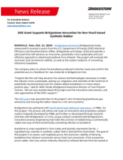 DOE Grant Supports Bridgestone Innovation for Non-fossil-based Synthetic Rubber Press Release