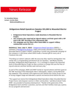 Bridgestone Retail Operations Donates $55,000 to Wounded Warrior Project Press Release